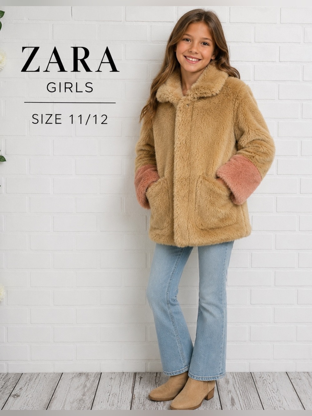 Zara Girls Faux Fur Coat Sz 11/12 Tan Beige barbie Pink Cuffs Cozy Winter Jacket